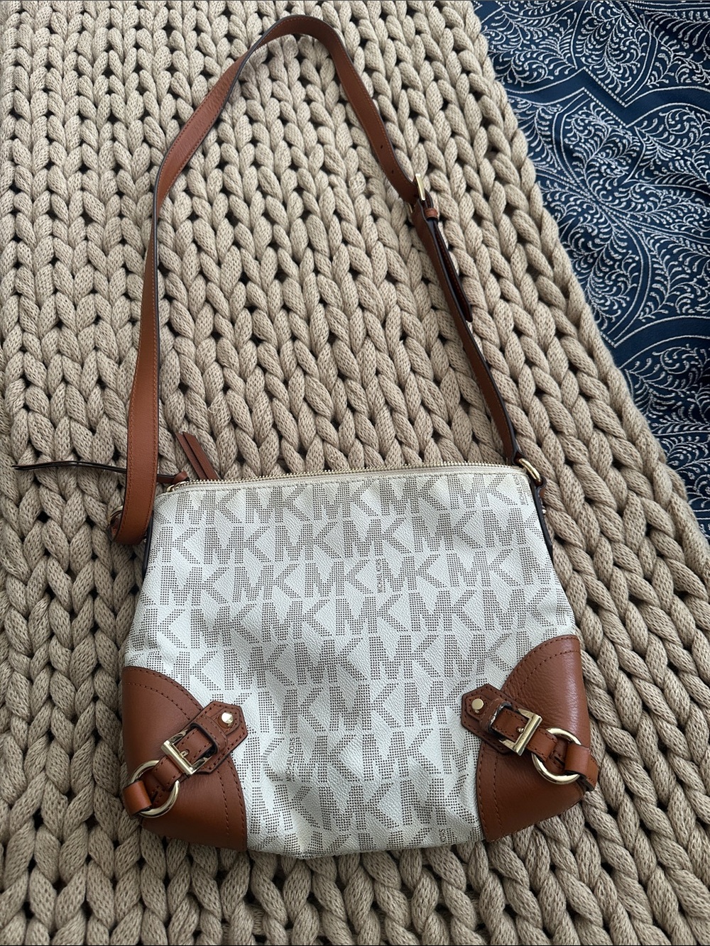 Michael Kors Cream and Brown MK Logo Crossbody Bag